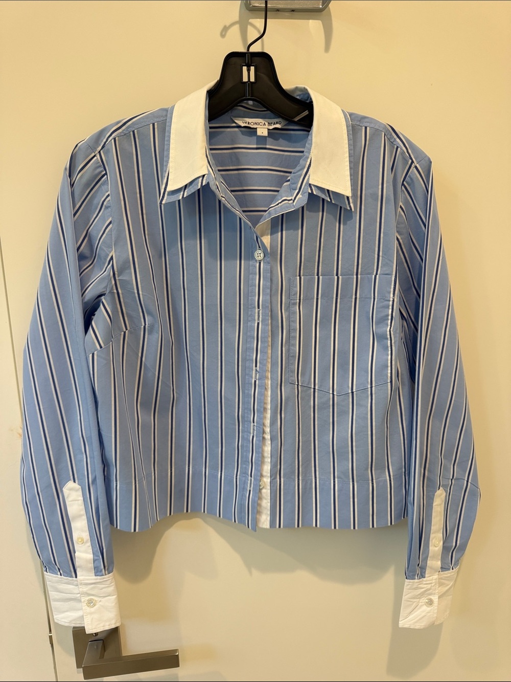 Veronica Beard Light Blue and White Striped cropped Shirt